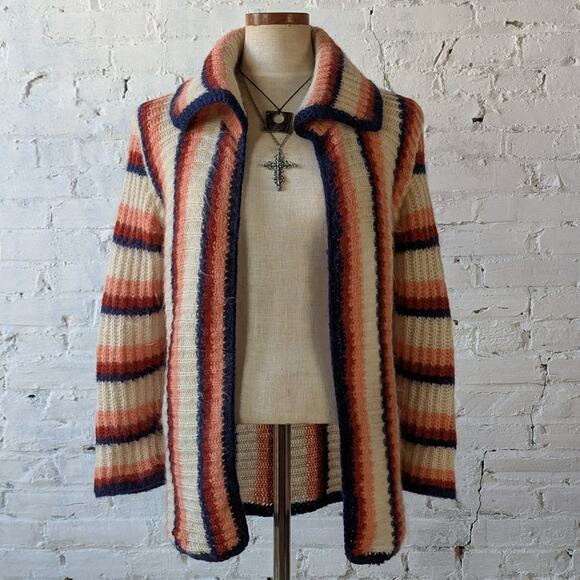 Vintage Sweaters - 70s Vintage Knit Striped Sweater Stripes Wool Cardigan Earthy Cottage Top Medium